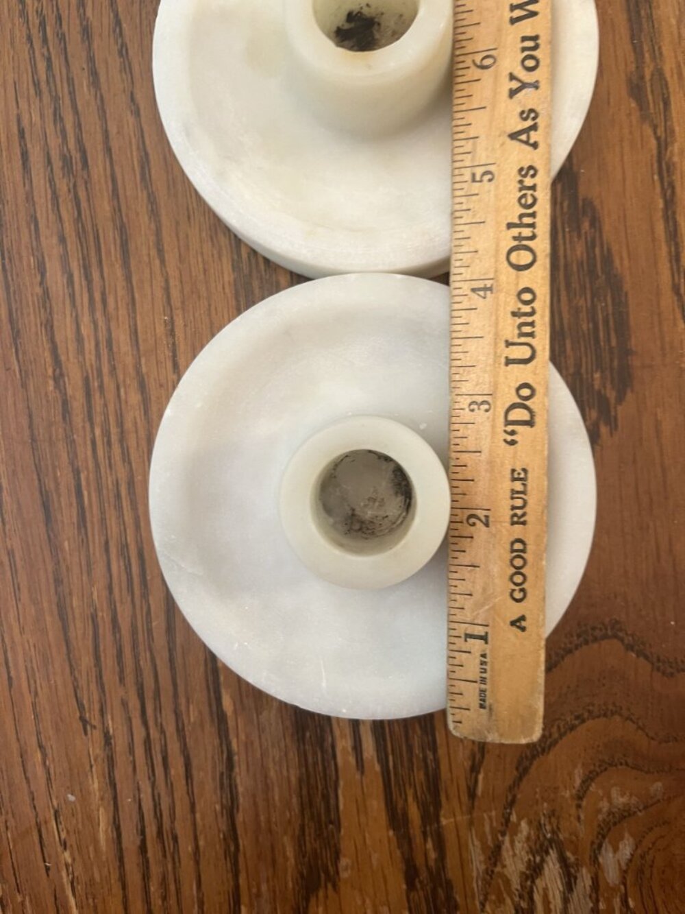 Pair Of Vintage White Marble Candle Holders With Round Base And Centered Tapered - Picture 3 of 6